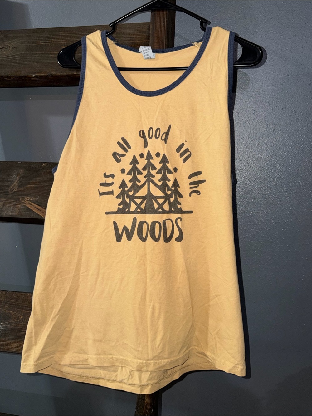 Kids Yellow Tank Top with Navy Trim - 'It's All Good in the Woods'